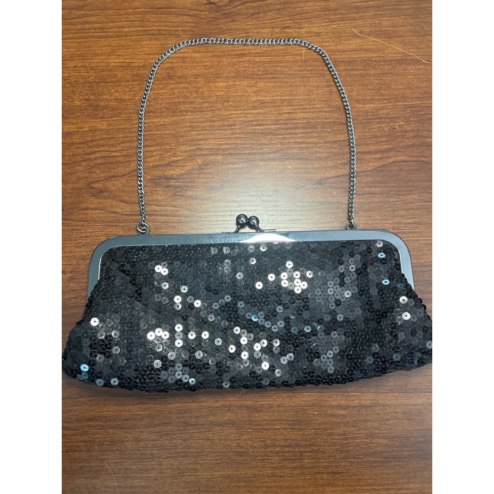 LOFT‎ Sequin Clutch OS Black Sparkly Evening Bag Kiss Lock Chain Strap